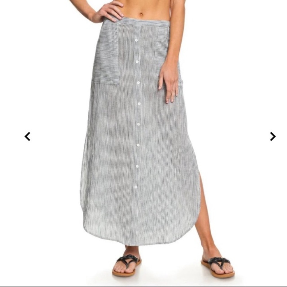 Antibes Blanc Pinstripe Linen Maxi Skirt Button Front Blue White Women’s Size XL